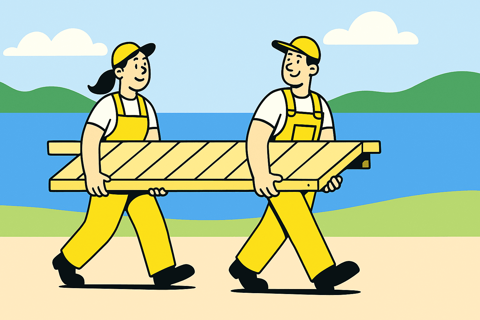 Professional dock installation team carrying dock sections for seasonal install